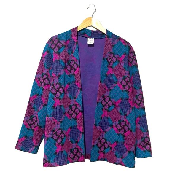 Vintage Sweater Blazer Size 12 70s 80s Funky Paisley Diamond Open Front Jacket - Picture 2 of 14
